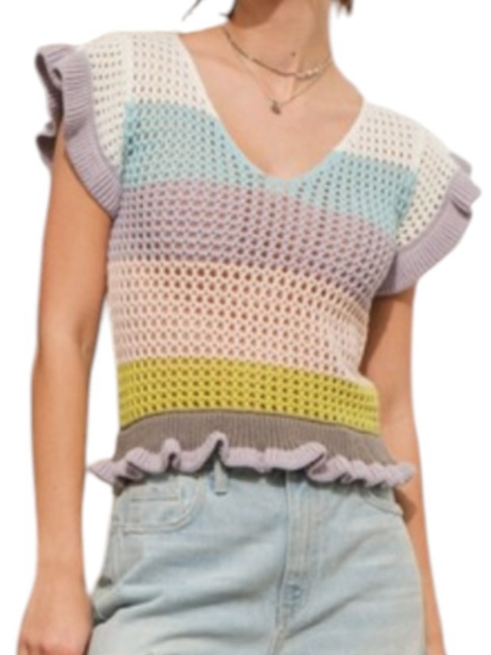 Blue B. Crochet Colorblock Ruffle Sleeve Boho Top